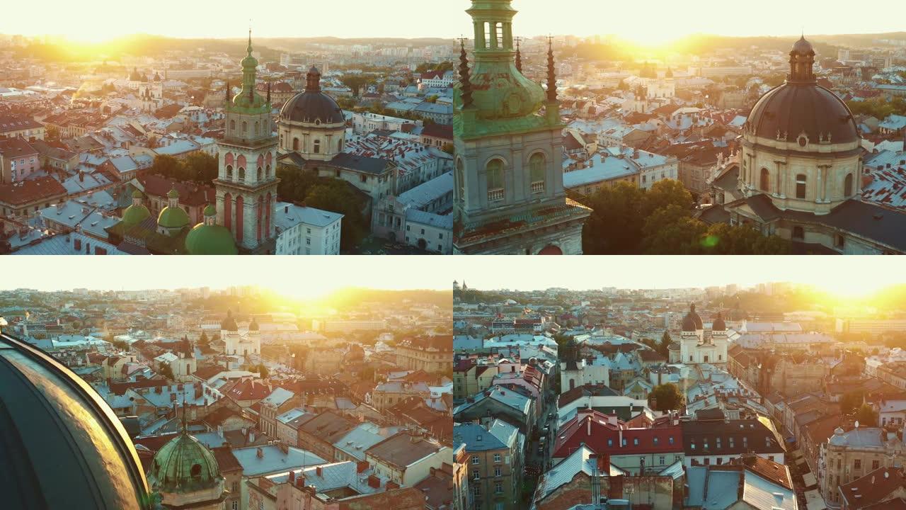 真实的利沃夫天际线，各种教堂大教堂的屋顶和尖顶，欧洲建筑的电影空中拍摄