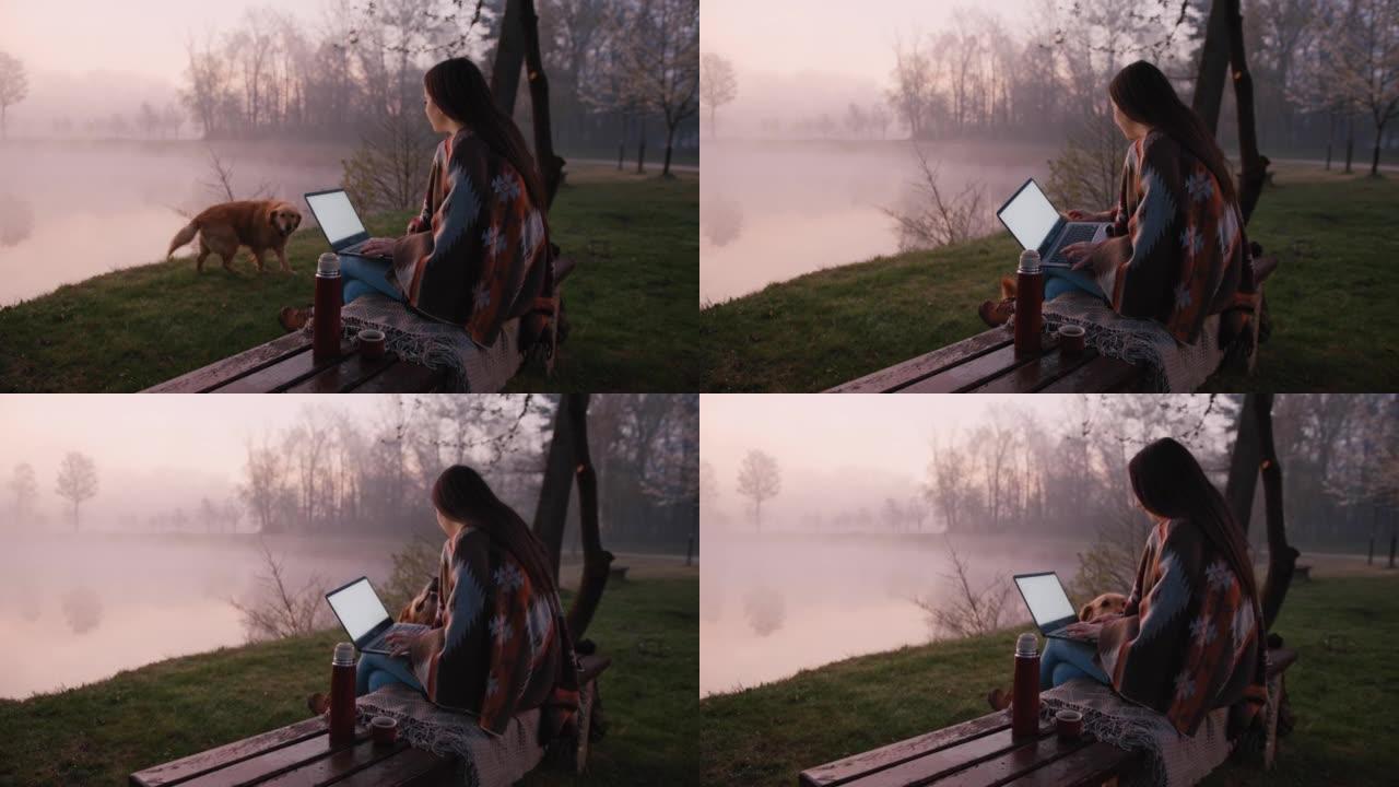 坐在雾湖旁的长凳上的年轻女子在笔记本电脑上工作