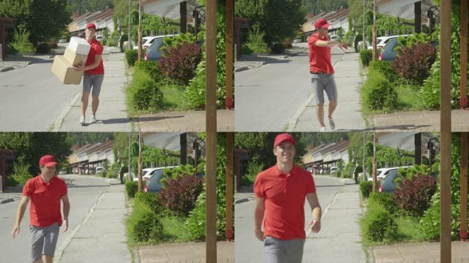 在晴天，懒惰的年轻送货员将包裹扔在某人的车道上。