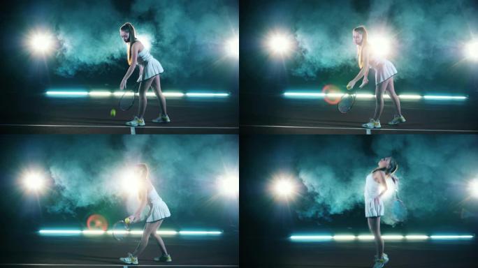 女选手正在用球拍投掷网球
