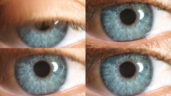 蓝色眼睛和焦点，视力和隐形眼镜看，眼睛护理和意识。宏观人脸肖像，眼球和验光测试凝视清醒感知，人体解剖