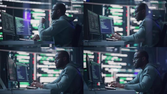 在监控室工作的黑人男性程序员，周围是大屏幕，显示编程语言代码行。人类创造软件的肖像。抽象未来主义编码