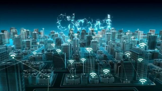 智能城市上的各种智能传感器图标，连接 “云” 物联网技术。蓝色x射线鸟瞰图。4k动画。