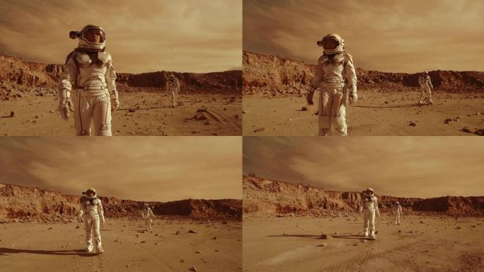 在同事附近的火星上行走的女宇航员