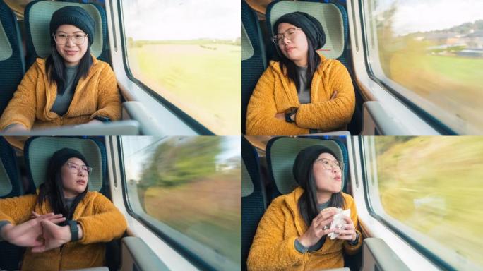 亚洲女性在火车上旅行并在商务旅行时使用带有技术笔记本电脑的智能手机的时间流逝