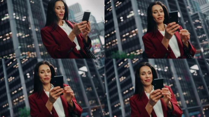 在大城市的街道上使用智能手机的成功成年女商人的肖像。自信的经理在去办公室的路上与网上的人联系，发信息