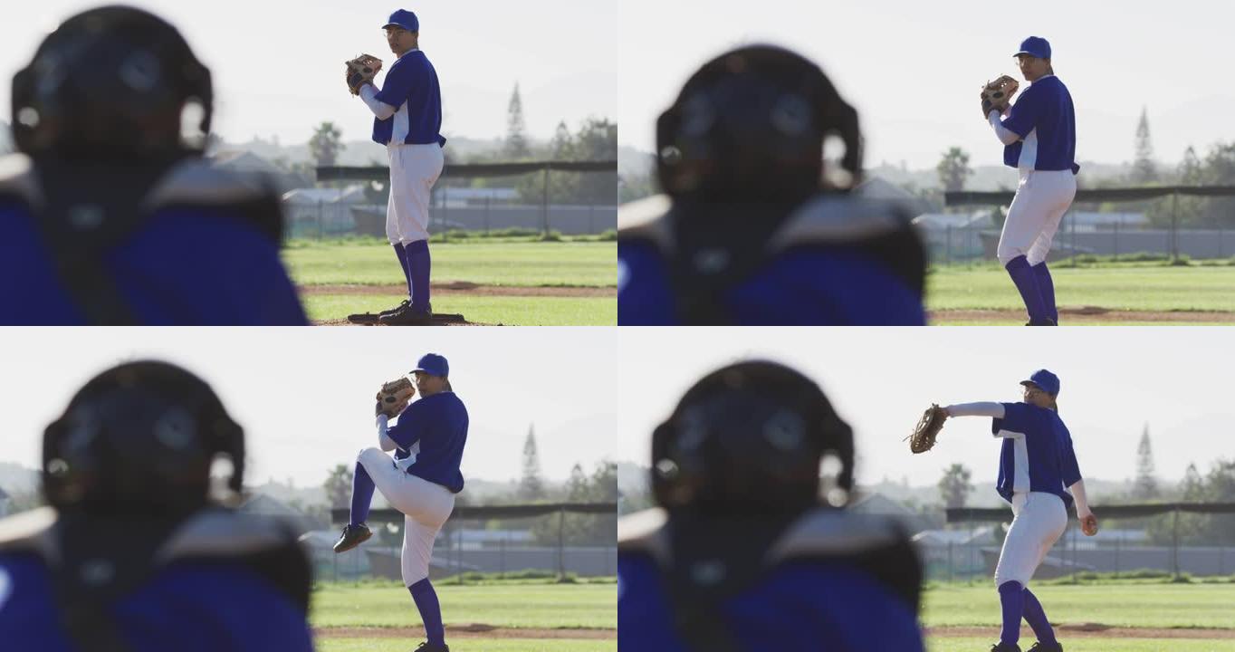 高加索女棒球选手戴眼镜在棒球场投球