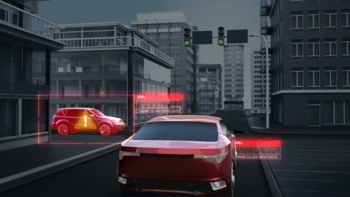 自主物联网汽车连接交通信息控制系统，物联网概念。避免碰撞，自动驾驶技术。无人车、4k动画。