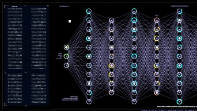 在计算机上工作的黑色背景上的神经网络监控软件的可视化。各种集群的连接加载，交换数据。计算机显示器的模