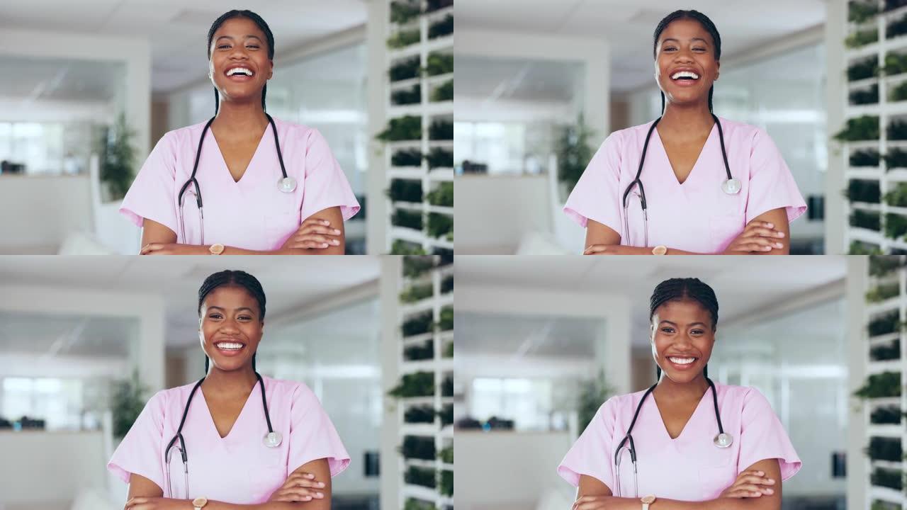 黑人女性医生，在医院，健康中心或诊所面对成功，幸福或目标的微笑。非洲医疗专业人员，医疗保健专家或工作