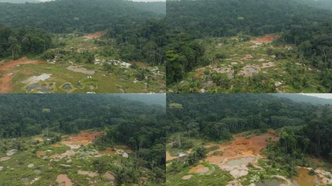 空中景观。造林。气候变化。热带雨林中的非法手工金矿开采