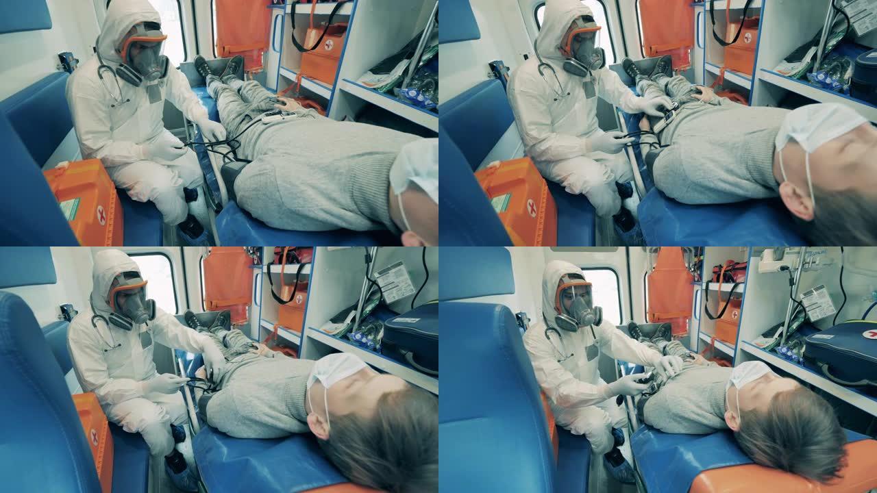 医生正在救护车上测量男孩的压力。冠状病毒，新型冠状病毒肺炎概念。