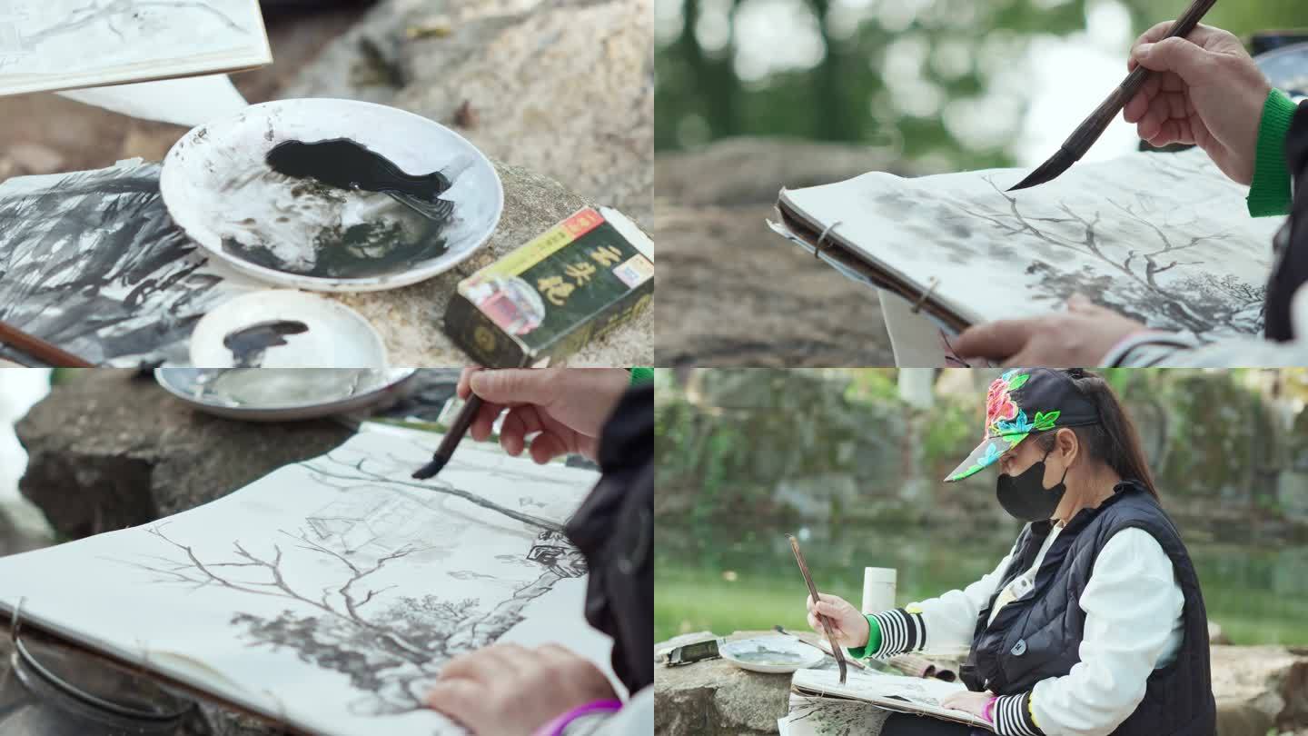 女画家公园绘画水墨画创作