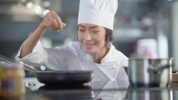 餐厅厨房: 亚洲女厨师薯条的肖像使用平底锅，四季菜配香草和香料，微笑。专业烹饪美味和传统的正宗食物。