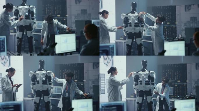 首席分析师使用计算机，女工程师和顶级男性科学家在仿生学外骨骼原型上工作。设计动力外衣以帮助残疾人，辛