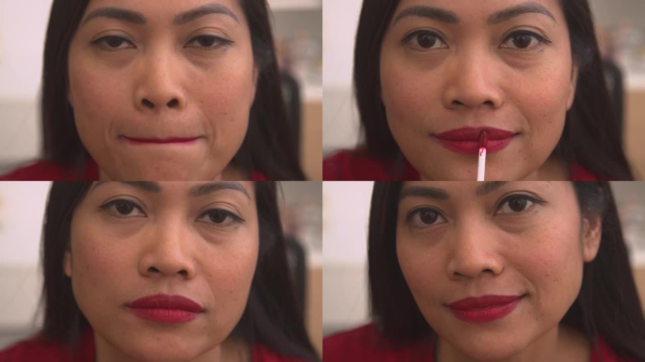 肖像: 迷人的菲律宾女人在嘴唇上涂上鲜艳的红色唇彩