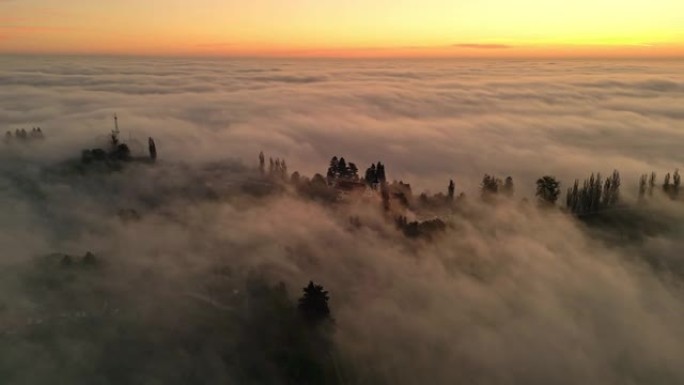 黎明时被雾覆盖的空中乡村景观
