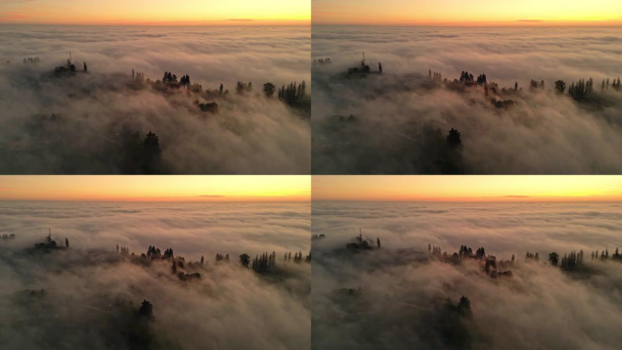 黎明时被雾覆盖的空中乡村景观