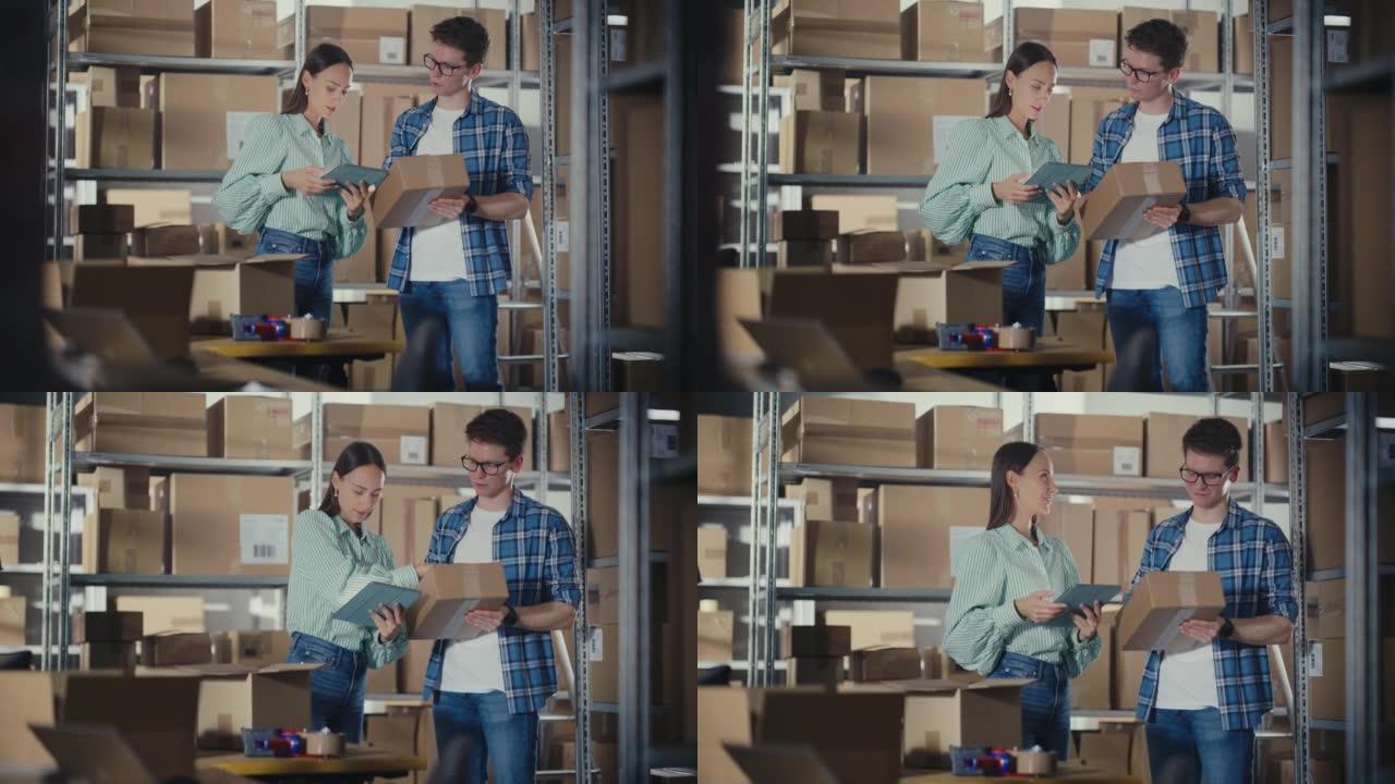 女销售经理使用平板电脑，与拿着纸板包装的工人交谈，他们讨论工作并微笑。后台准备装运的包裹仓库。