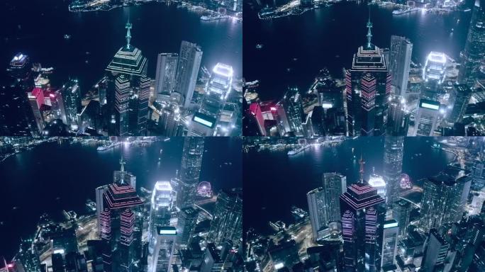 夜间香港中环无人驾驶飞机的鸟瞰图