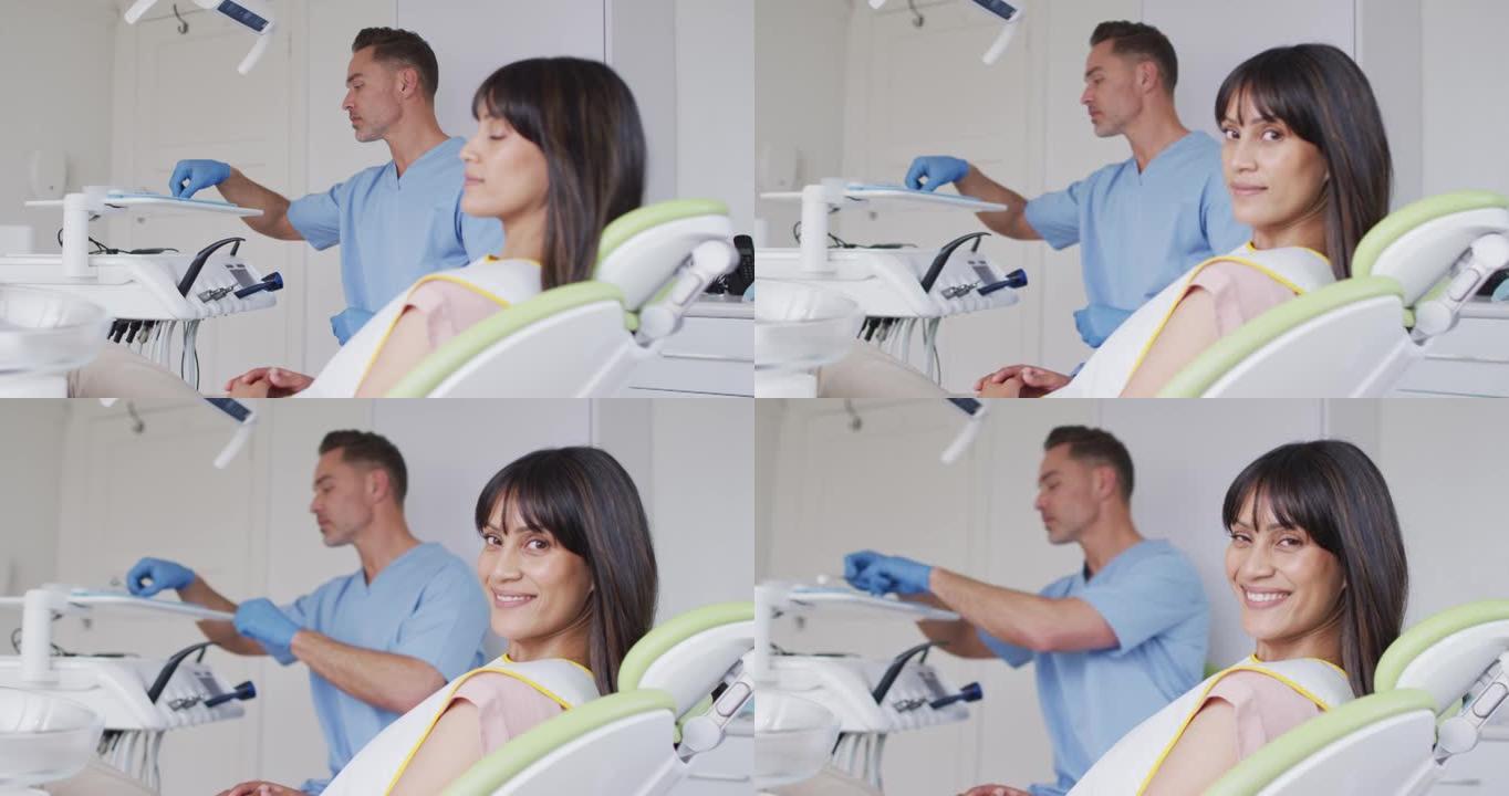 现代牙科诊所的白人男性牙医微笑的女性患者肖像