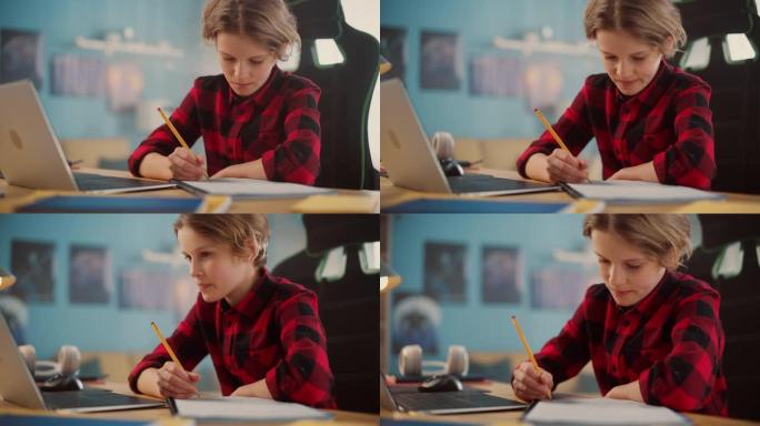 穿着方格衬衫的聪明小男孩在家舒适的房间里，在笔记本电脑上参加在线课程。快乐少年在线浏览教育研究，笔记