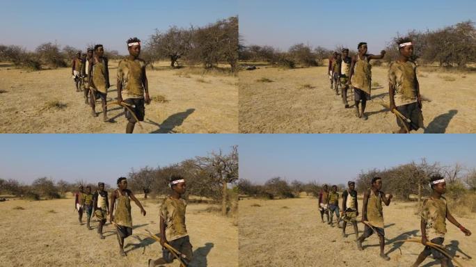 一群哈扎狩猎采集者部落成员用弓箭狩猎坦桑尼亚