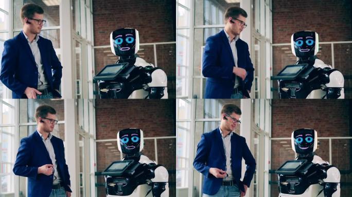 未来派机器人，创新机器人概念。商人正在和一个机器人说话。