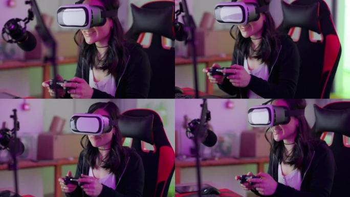 虚拟现实，玩家和女性直播她的游戏，虚拟现实和在线娱乐体验在一个房间。微笑，元宇宙和快乐的女孩有乐趣，