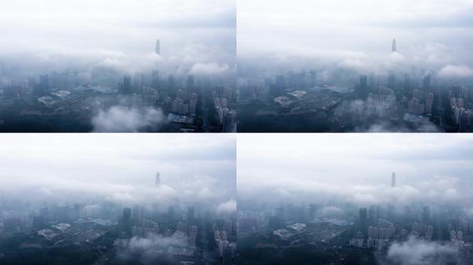 平流雾下的深圳福田CBD金融中心航拍视频。中国广东省深圳市