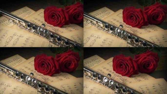 长笛和玫瑰在乐谱上的演奏概念