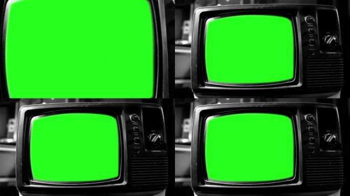 绿屏复古电视。黑白色调。缩小。4K。