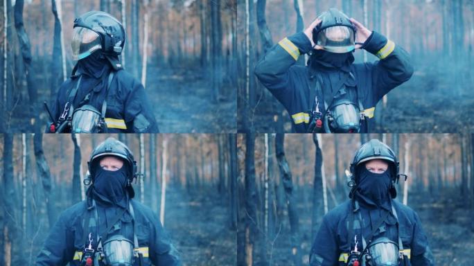 穿着防护服的男性消防员正在森林周围寻找
