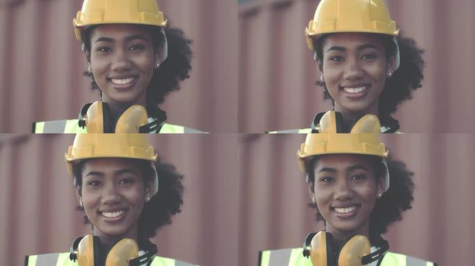 女产业工人，爆头外国人笑脸笑容户外聊天放