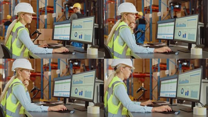 头戴安全帽的专业女工在摆满货架的零售仓库里使用带有库存状态检查和发货软件的电脑。配送中心