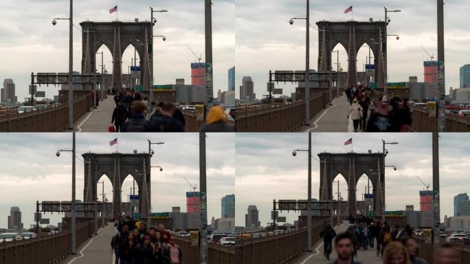 时间推移:游客行人拥挤在布鲁克林桥，纽约，美国