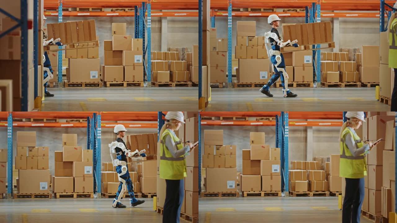 高科技未来派仓库: 经理扫描包裹的库存，在后台交付工人穿着先进的全身动力外骨骼，用装满纸箱的沉重托盘