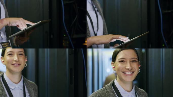 一名年轻技术人员在服务器机房使用数字平板电脑的4k视频片段
