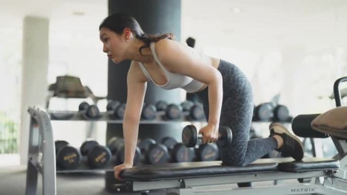 运动活跃的女性在健身房的长凳上做单臂哑铃排