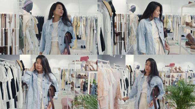 年轻的亚洲女性在商店里散步的慢动作看着独自购物的服装