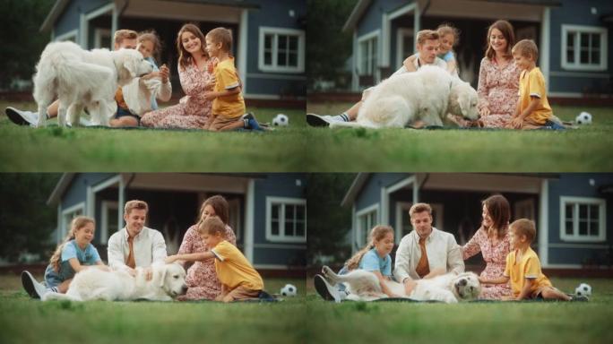 一对快乐的家庭夫妇带着孩子的肖像，玩耍和抚摸着一只美丽的白色金毛猎犬。快乐的成功人士坐在房子前面前院