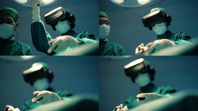 外科医生学生在手术室练习使用虚拟现实耳机。