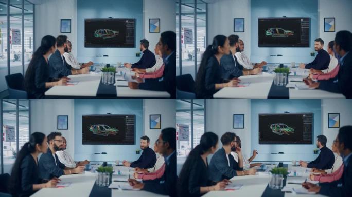 多民族办公室会议室会议: 工业工程师团队，技术人员交谈，使用具有3D汽车概念的数字互动电视。环保、绿