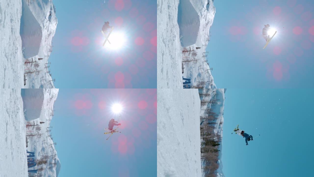慢动作: 自由式滑雪者在空中飞行并表演抓斗技巧