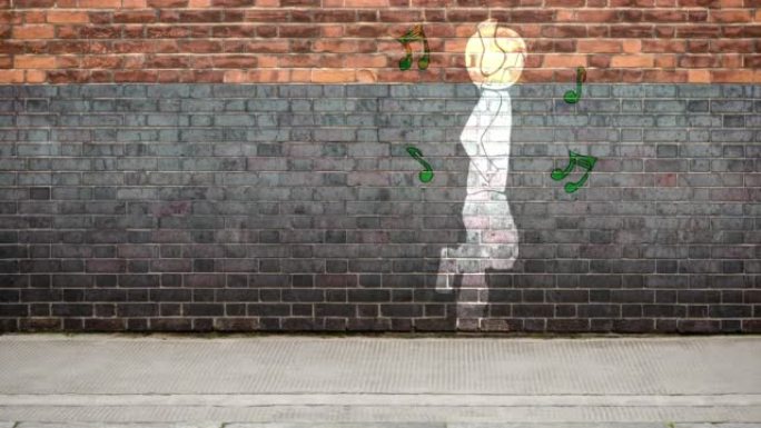 一个人在砖墙上行走通过耳机听音乐的cgi动画。欣赏音乐并在砖墙上跳舞的人的动画图形