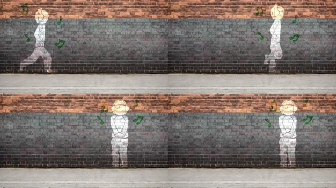 一个人在砖墙上行走通过耳机听音乐的cgi动画。欣赏音乐并在砖墙上跳舞的人的动画图形