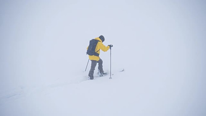 在极端天气的冬季，活跃的运动员滑雪板在splitboard上巡回演出