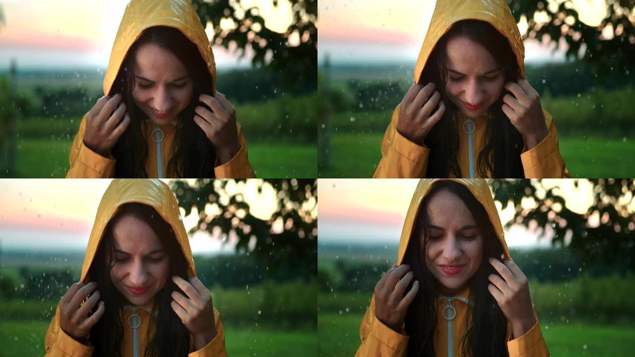 超级SLO MO年轻女子在雨中微笑