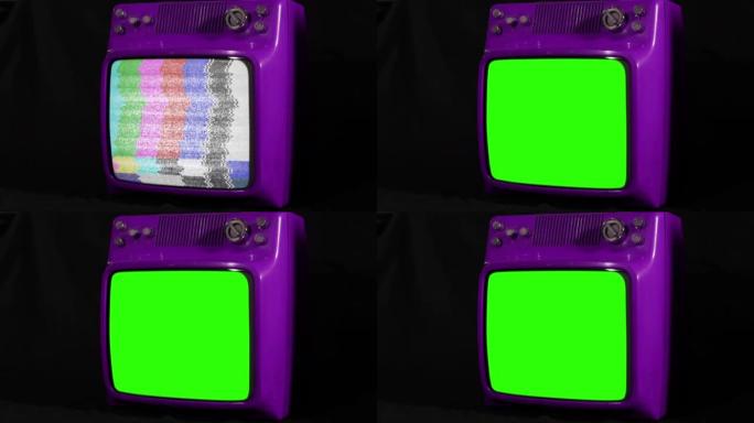 旧紫色电视打开带彩条的绿色屏幕。特写。
