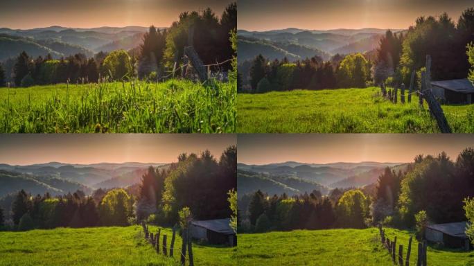 日出时在德国的丘陵地带拍摄的乡村景观